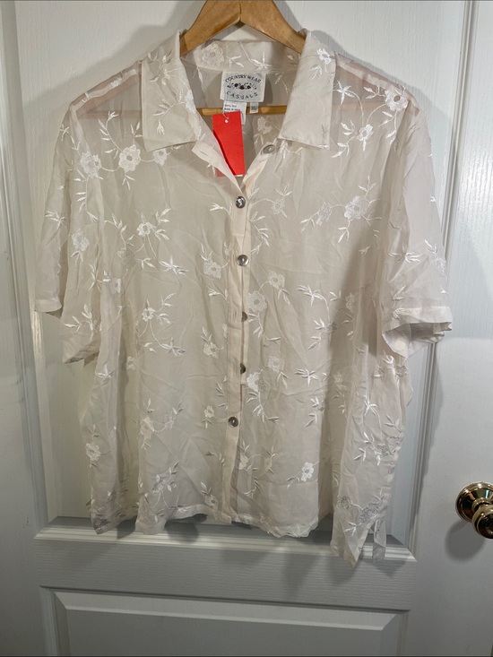 Country Wear Casuals Tops - 100% Silk Women's Cream Floral Embroidered Button-Up Blouse